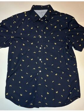 Banana Republic Navy Short-Sleeve Button-Down with Yellow Banana Print